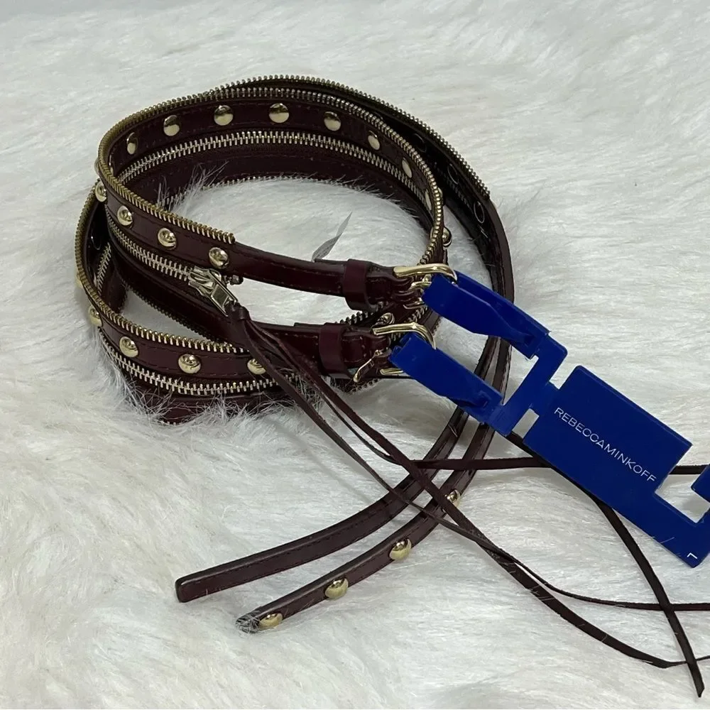 NWOT Rebecca‎ Minkoff Burgundy Burgundy Gold Studded Leather 2 Way Belt -- L
